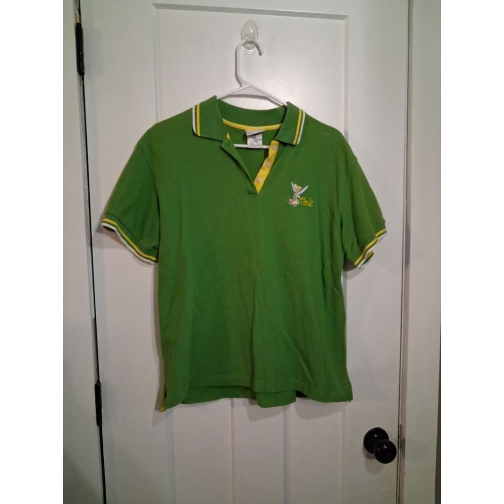 Disney Polo Shirt Women XL Green Tinkerbell Embroidered Cotton Pique Casual Y2K